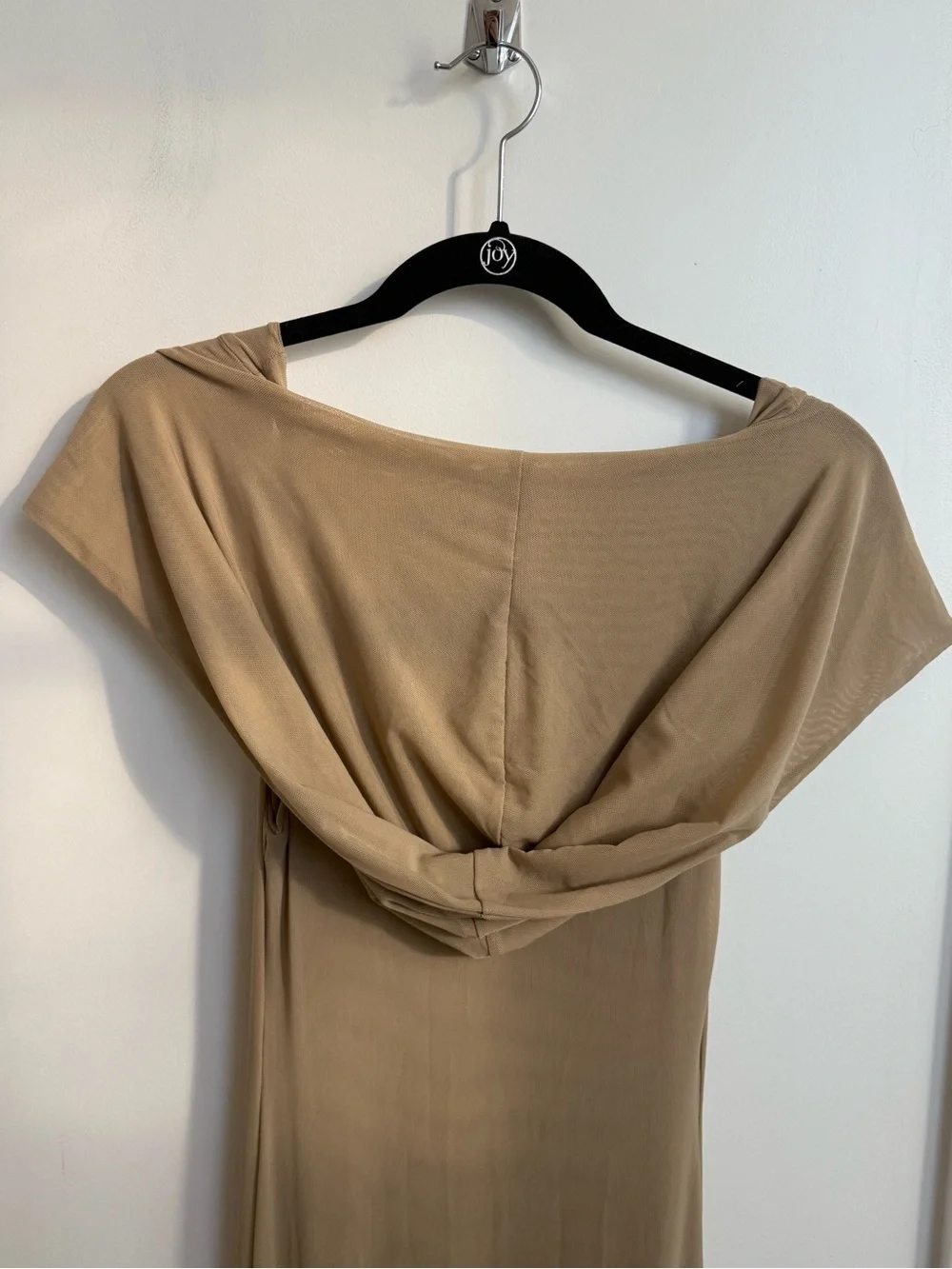CYBERBUNNY Taupe Hooded Mesh Maxi Dress | Size M | Ruffle Slit
